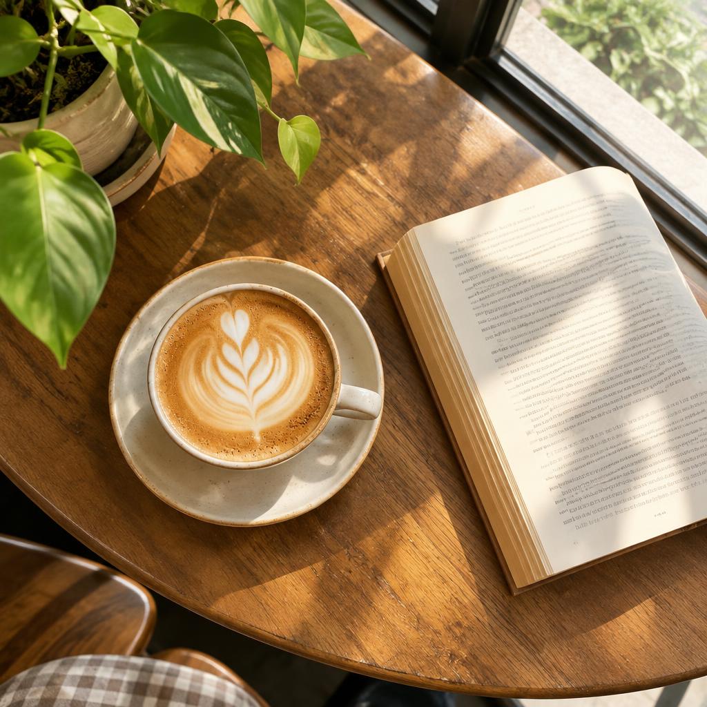 A cappuccino beside an open paperback on a sunny café table