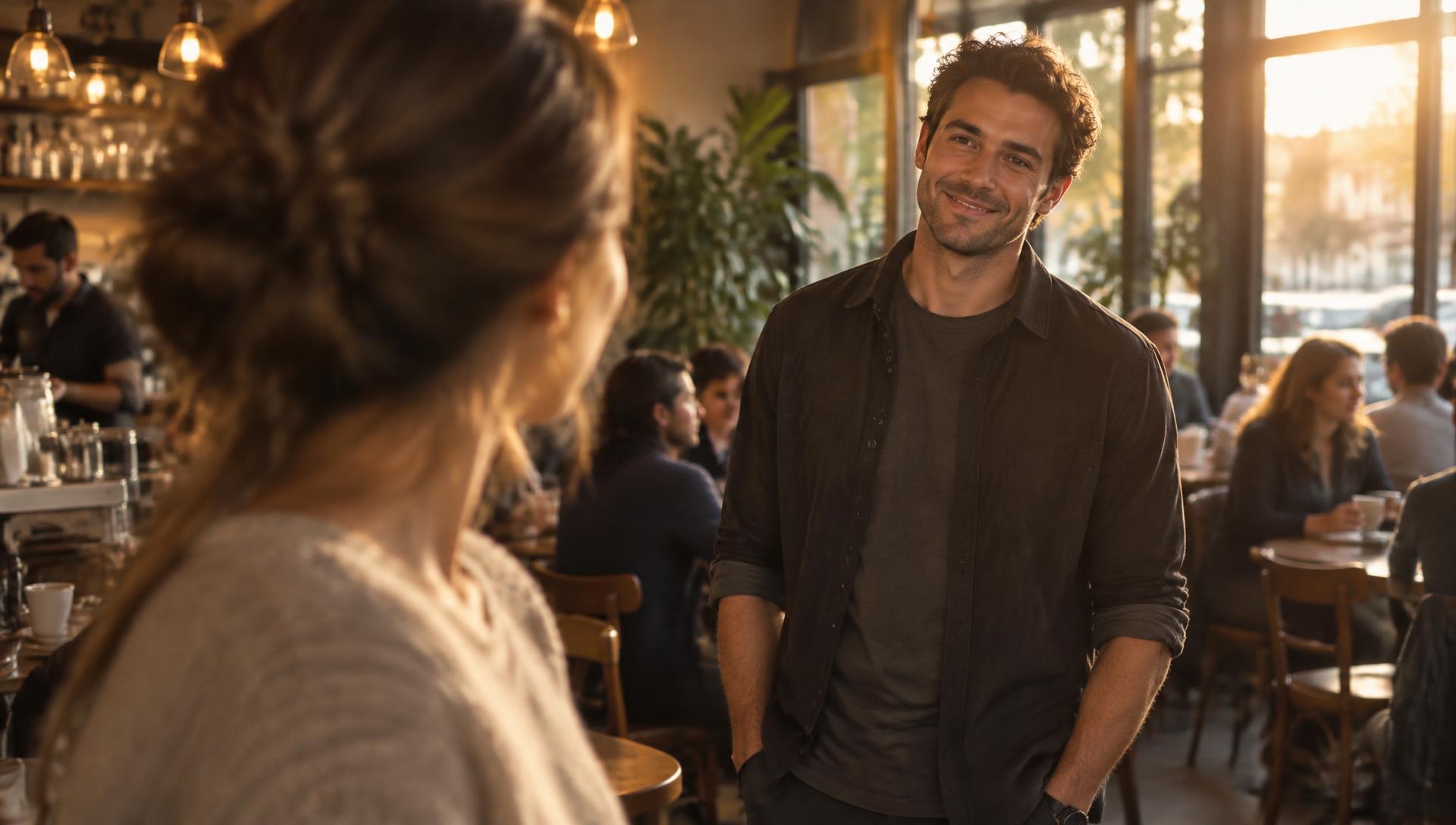 In a warm café, a man catches a woman's eye from a respectful distance